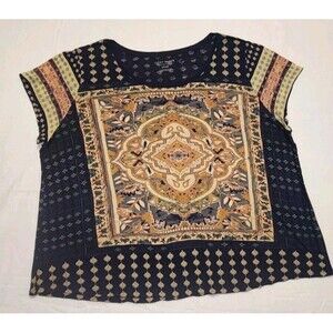 Lucky Brand Persian Carpet Tee 3X Viscose Navy Boho Scoop Neck Bouse Top Shirt